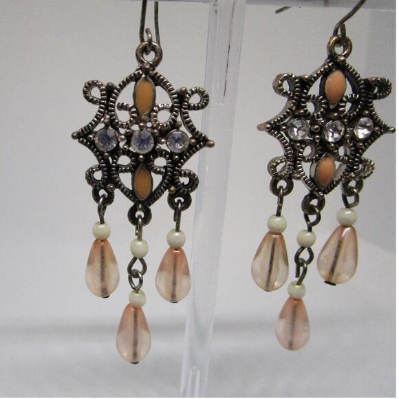 Vintage Chandelier Dangle Earrings Filigree Peach Teardrop Rhinestones Boho Glam - Picture 3 of 16